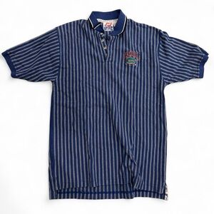 Navy Blue Striped Polo Shirt with Chest Patch